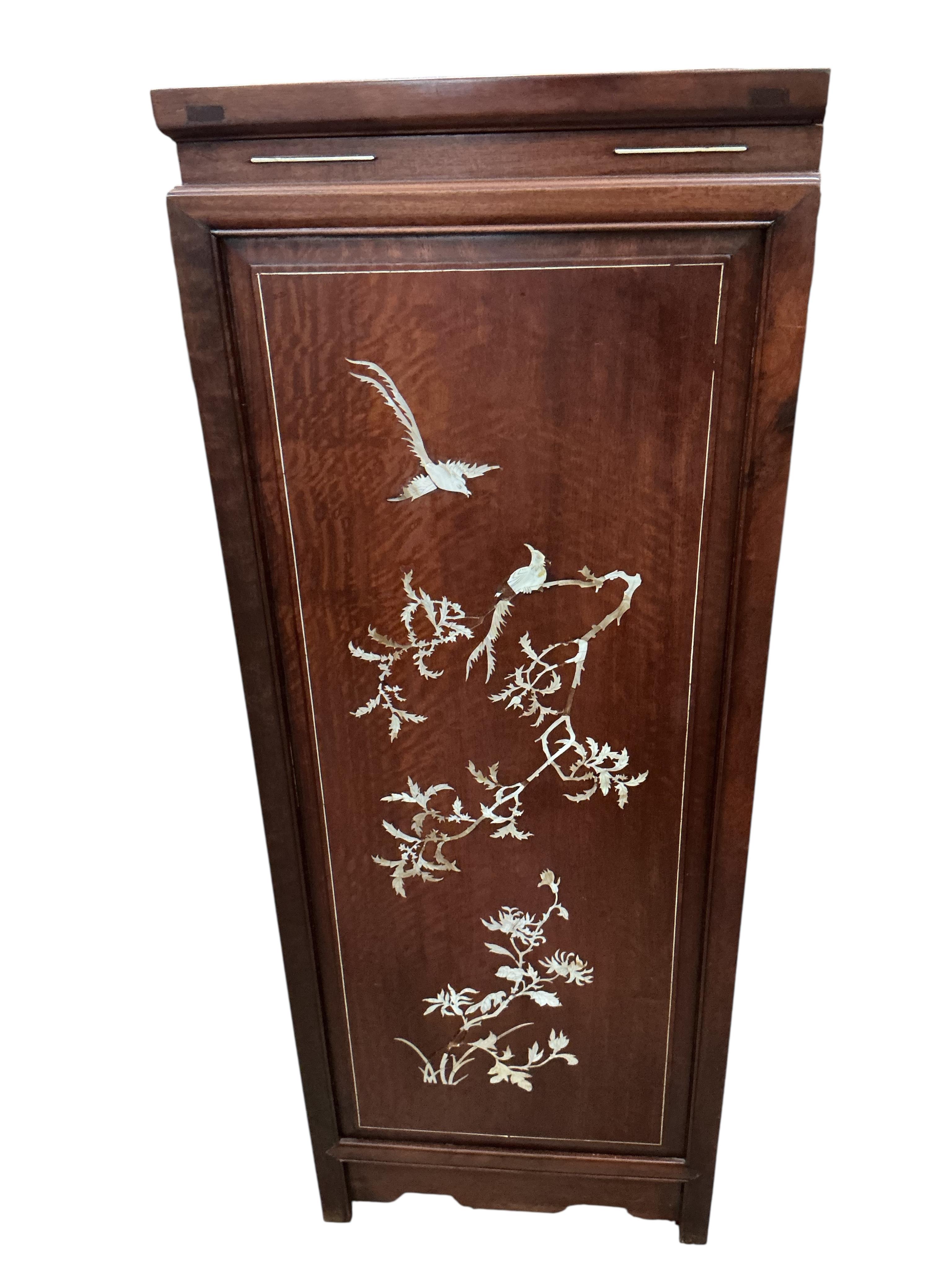 A Chinese mother of pearl inlaid hardwood side cabinet, width 91cm, depth 46cm, height 122cm